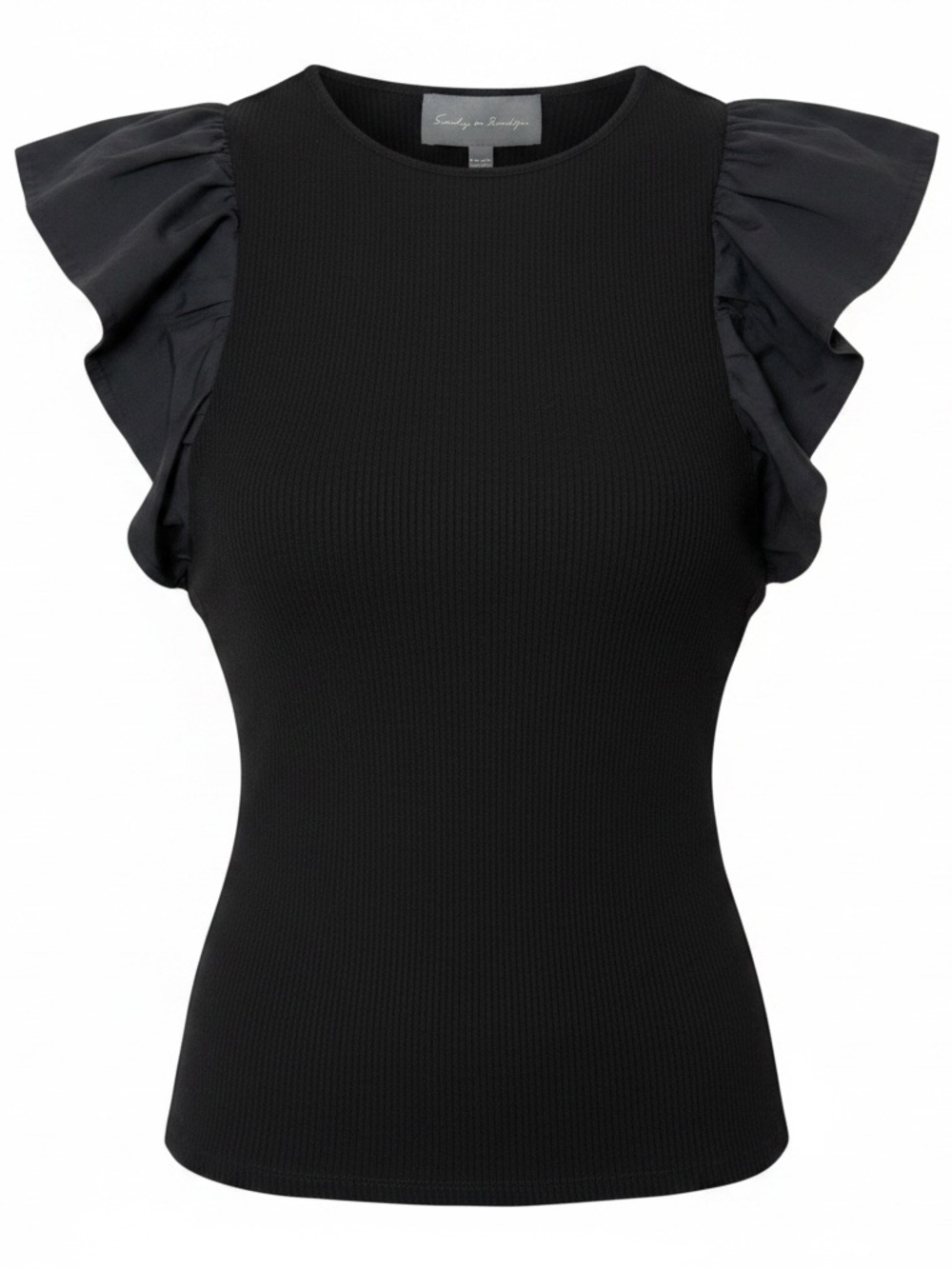 Sunday in Brooklyn Black Ribbed Knit Ruffle-Sleeve Tank Size S